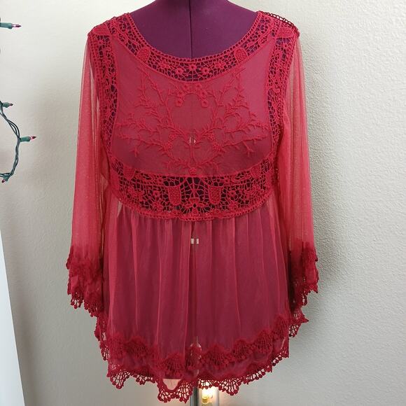 Sorrento Red Sheer Lace Top L blouse tunic swim cover boho lightweight summer - Picture 7 of 15